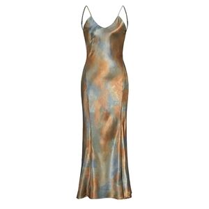 NWT Commense Blue Brown Marble Satin Open Back Maxi Slip Dress
